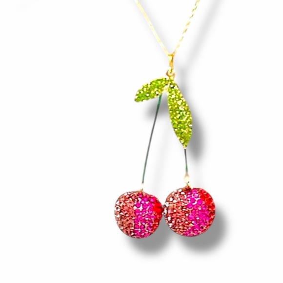 The Unbranded Brand Jewelry - Crystal Studded Cherry Pendant Necklace – Gold Tone Chain – Statement – Like New